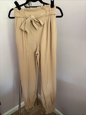 Grace Karin Beige Paperbag Tie-Waist Joggers